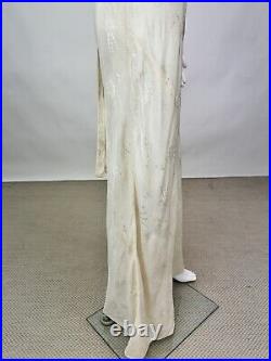 Antique 1930s Jacquard Silk Slip Dress Night gown Full Length Floral Embroidery