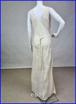 Antique 1930s Jacquard Silk Slip Dress Night gown Full Length Floral Embroidery