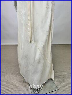 Antique 1930s Jacquard Silk Slip Dress Night gown Full Length Floral Embroidery