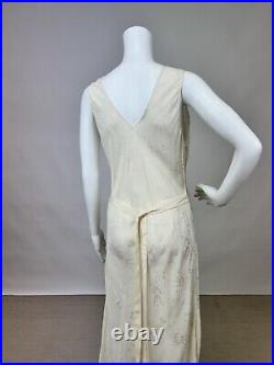 Antique 1930s Jacquard Silk Slip Dress Night gown Full Length Floral Embroidery