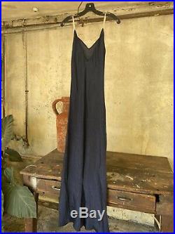 Antique 1930s Navy Blue Silk Bias Cut Maxi Slip Dress Low Back Sleevelss Vintage