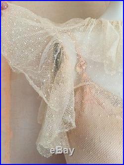 Antique 1930s Pale Pink Swiss Dot Net Art Deco Dress Ruffles With Satin Slip Vtg