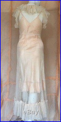 Antique 1930s Pale Pink Swiss Dot Net Art Deco Dress Ruffles With Satin Slip Vtg