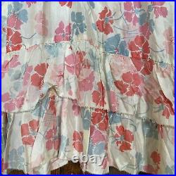 Antique 1930s Pink Blu Floral Print Sleeveless Dress Slip Ruffles Rayon Vintage