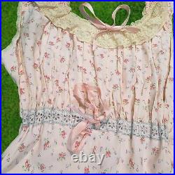 Antique 1930s Pink Floral Satin Slip Dress Negligee with eyelet Lace Insert