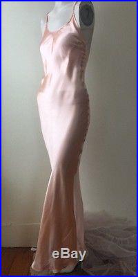Antique 1930s Pink Satin Rayon Bias Cut Dress Slip Backless Maxi Art Deco Vtg