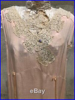 Antique 1930s Pink Silk Dress Slip Floral Lace Purple Ribbon Rose 1920s Vintage