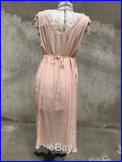 Antique 1930s Pink Silk Dress Slip Floral Lace Purple Ribbon Rose 1920s Vintage