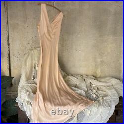 Antique 1930s Pink Silk Satin Maxi Dress Slip Sleeveless Lounge V Cut Vintage