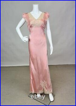 Antique 1930s Pink Silk Slip Dress Bias Cut Night gown Full Length Lace AS IS