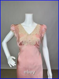 Antique 1930s Pink Silk Slip Dress Bias Cut Night gown Full Length Lace AS IS