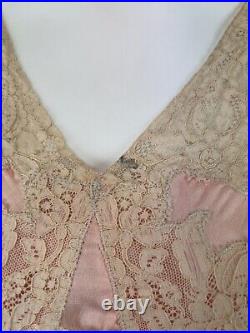 Antique 1930s Pink Silk Slip Dress Bias Cut Night gown Full Length Lace AS IS