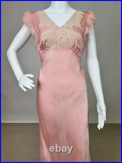 Antique 1930s Pink Silk Slip Dress Bias Cut Night gown Full Length Lace AS IS