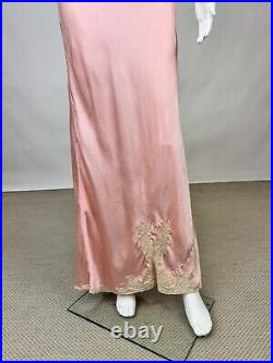 Antique 1930s Pink Silk Slip Dress Bias Cut Night gown Full Length Lace AS IS