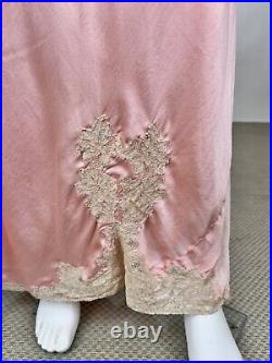 Antique 1930s Pink Silk Slip Dress Bias Cut Night gown Full Length Lace AS IS