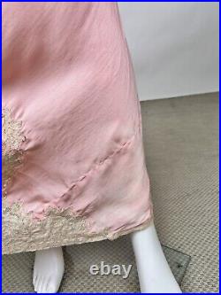 Antique 1930s Pink Silk Slip Dress Bias Cut Night gown Full Length Lace AS IS