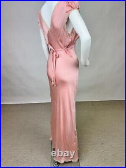 Antique 1930s Pink Silk Slip Dress Bias Cut Night gown Full Length Lace AS IS