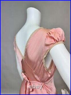 Antique 1930s Pink Silk Slip Dress Bias Cut Night gown Full Length Lace AS IS