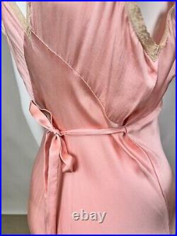 Antique 1930s Pink Silk Slip Dress Bias Cut Night gown Full Length Lace AS IS