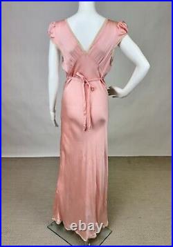 Antique 1930s Pink Silk Slip Dress Bias Cut Night gown Full Length Lace AS IS