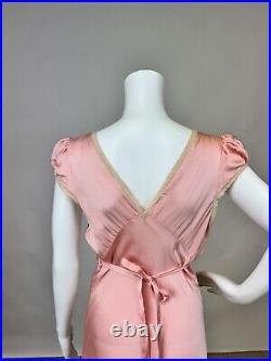 Antique 1930s Pink Silk Slip Dress Bias Cut Night gown Full Length Lace AS IS