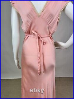 Antique 1930s Pink Silk Slip Dress Bias Cut Night gown Full Length Lace AS IS