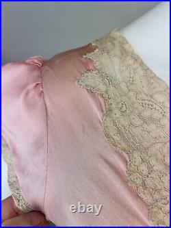 Antique 1930s Pink Silk Slip Dress Bias Cut Night gown Full Length Lace AS IS