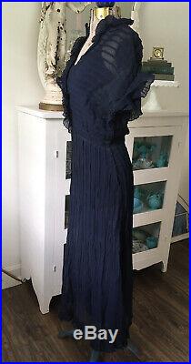 Antique 1930s SHEER BLUE Silk Ruffled Party DRESS Pleated Matching Bias Slip