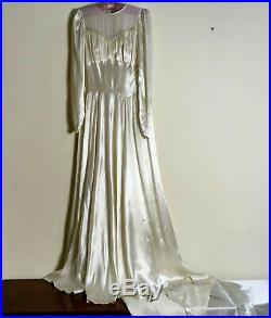 Antique Art Deco SILK-SATIN WEDDING BRIDAL GOWN Juliet Cap-Veil / Crinoline Slip