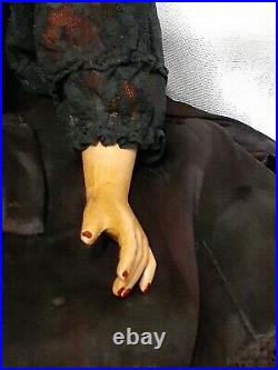 Antique Boudoir Doll Painted Face Black Dress with Lace Red Slip and Tulle 30 in