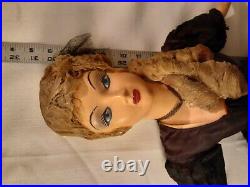 Antique Boudoir Doll Painted Face Black Dress with Lace Red Slip and Tulle 30 in