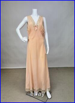 Antique Dead Stock 1930s Pink Rayon Slip Dress Night gown Full Length Lace Trim