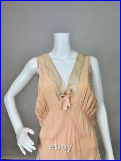 Antique Dead Stock 1930s Pink Rayon Slip Dress Night gown Full Length Lace Trim