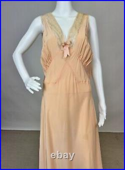 Antique Dead Stock 1930s Pink Rayon Slip Dress Night gown Full Length Lace Trim