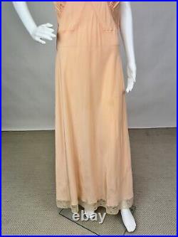 Antique Dead Stock 1930s Pink Rayon Slip Dress Night gown Full Length Lace Trim