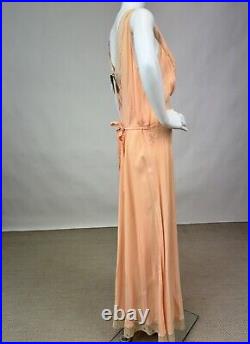 Antique Dead Stock 1930s Pink Rayon Slip Dress Night gown Full Length Lace Trim