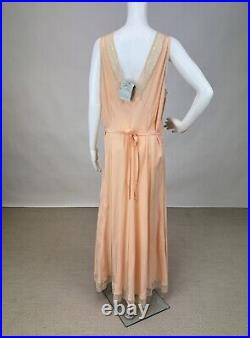 Antique Dead Stock 1930s Pink Rayon Slip Dress Night gown Full Length Lace Trim