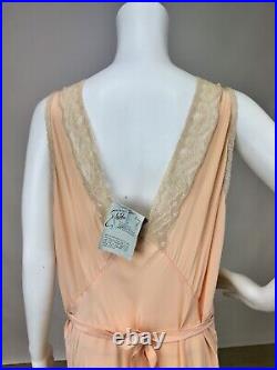 Antique Dead Stock 1930s Pink Rayon Slip Dress Night gown Full Length Lace Trim