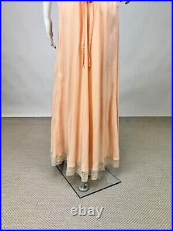 Antique Dead Stock 1930s Pink Rayon Slip Dress Night gown Full Length Lace Trim