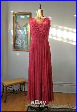 Antique Dress Vintage 1920s Pink Silk Chiffon Beaded Tassel Gown w Slip Dress