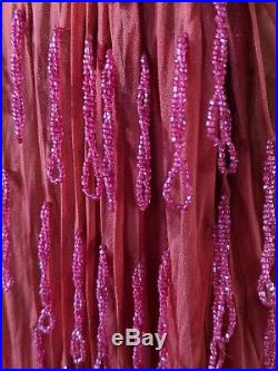 Antique Dress Vintage 1920s Pink Silk Chiffon Beaded Tassel Gown w Slip Dress