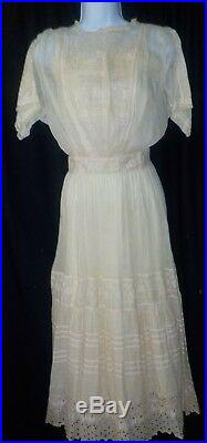 Antique Edwardian Cotton Gauze Mixed Lace Tea Garden Dress withSlip Amazing Intric