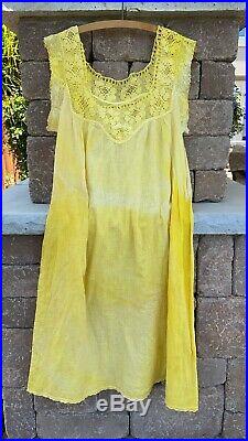 Antique Edwardian Crochet Cotton Slip Dress Hand Dyed 1900s Pale Yellow Summer