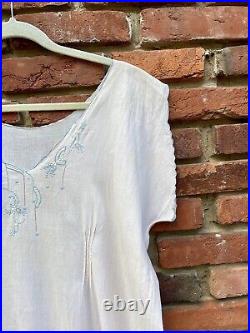 Antique Edwardian Pale Pink Cotton Slip Dress Chemise Blue Floral Embroidery
