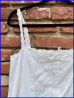 Antique Edwardian White Cotton Slip Dress Chemise Floral Embroidery Cutwork