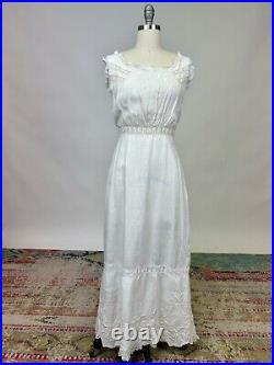 Antique Edwardian White Cotton Slip Dress Fitted Floral Embroidered Lace AS IS