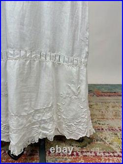 Antique Edwardian White Cotton Slip Dress Fitted Floral Embroidered Lace AS IS