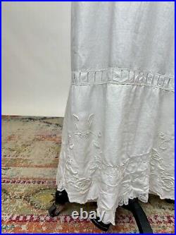 Antique Edwardian White Cotton Slip Dress Fitted Floral Embroidered Lace AS IS