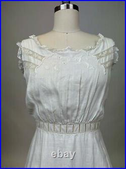 Antique Edwardian White Cotton Slip Dress Fitted Floral Embroidered Lace AS IS