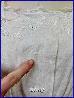 Antique Edwardian White Cotton Slip Dress Fitted Floral Embroidered Lace AS IS